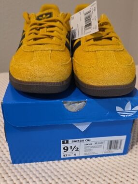 Adidas Samba OG Suede Sneakers - Mustard Yellow with Black Stripes 9.5M/ 11W